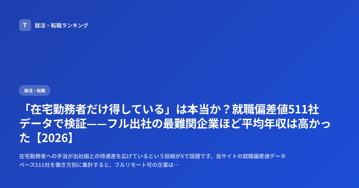 「在宅勤務者だけ得している」は本当か？就職偏差値511社データで検証——フル出社の最難関企業ほど平均年収は高かった【2026】