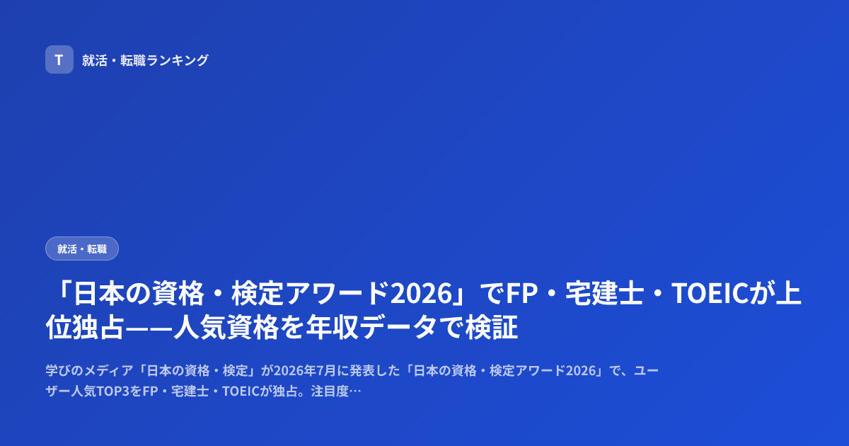 「日本の資格・検定アワード2026」でFP・宅建士・TOEICが上位独占——人気資格を年収データで検証
