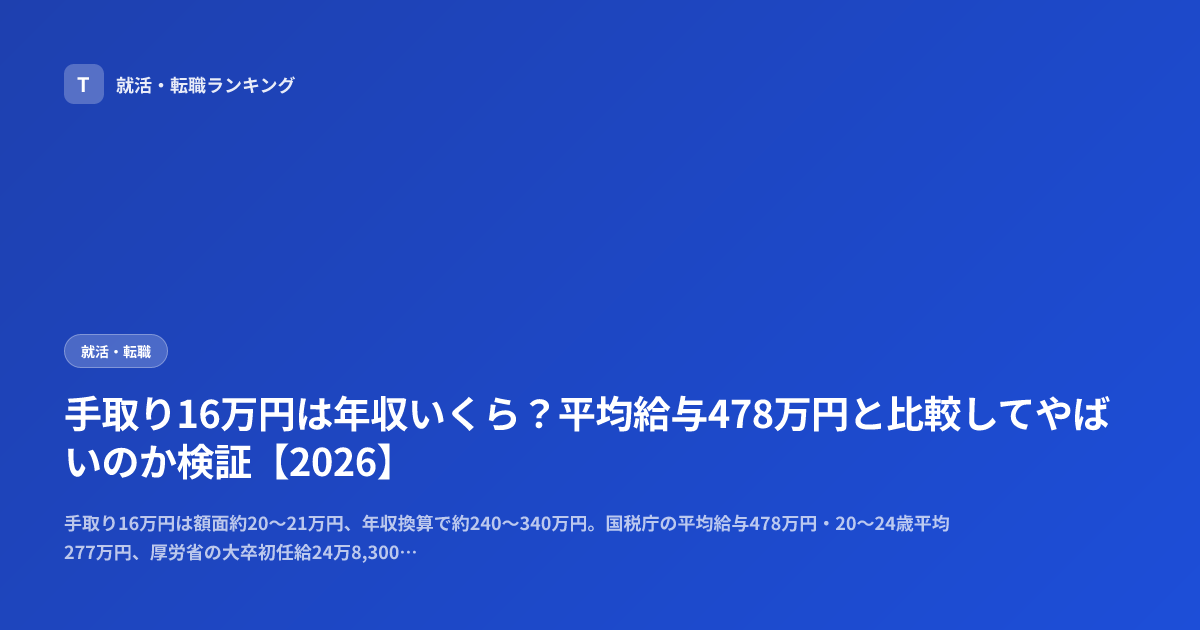 手取り16万円は年収いくら？平均給与478万円と比較してやばいのか検証【2026】